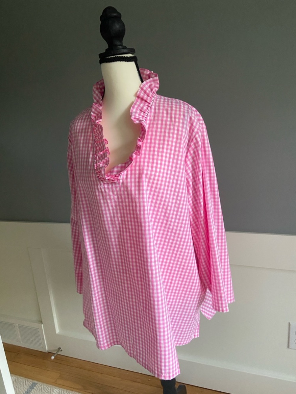 Pink Gingham Ruffle V-Neck Blouse